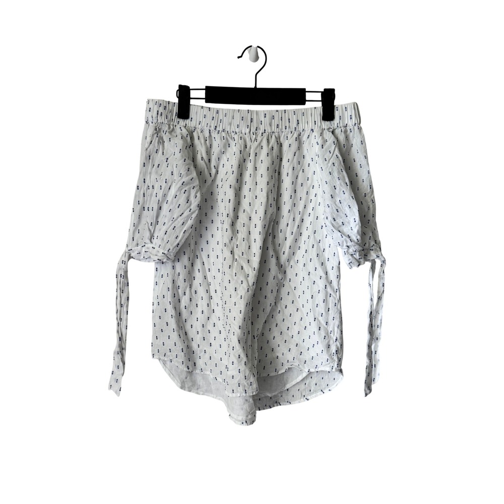 THML White Blue Embroidered Clip Dot Off The Shoulder Tie Sleeve Top S
